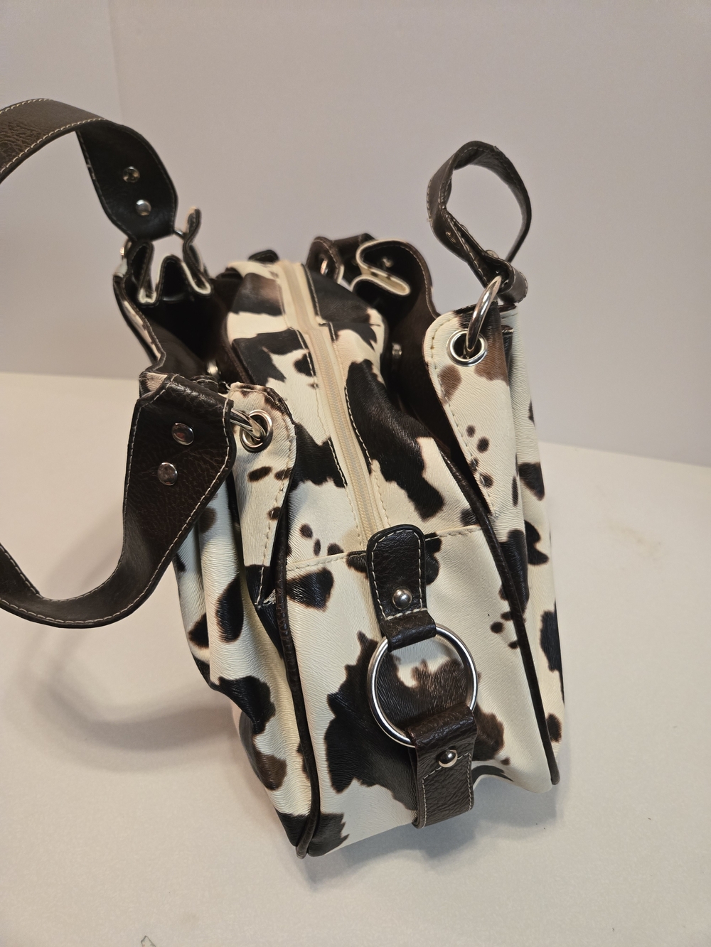 Vintage Cow-Print Satchel in Brown and White - Picture 10 of 12
